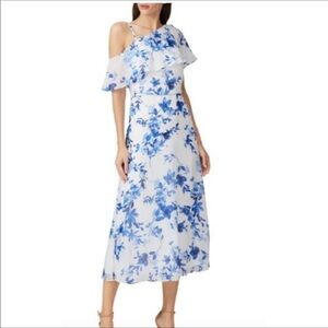 Ralph Lauren Adaleide Floral One Shoulder Midi Dress Cold White Blue Ruffle 12